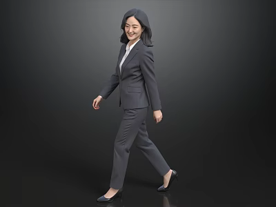 Professional Business Woman in Gray Suit and White Shirt Walking Confidently Against Black Background 3d model