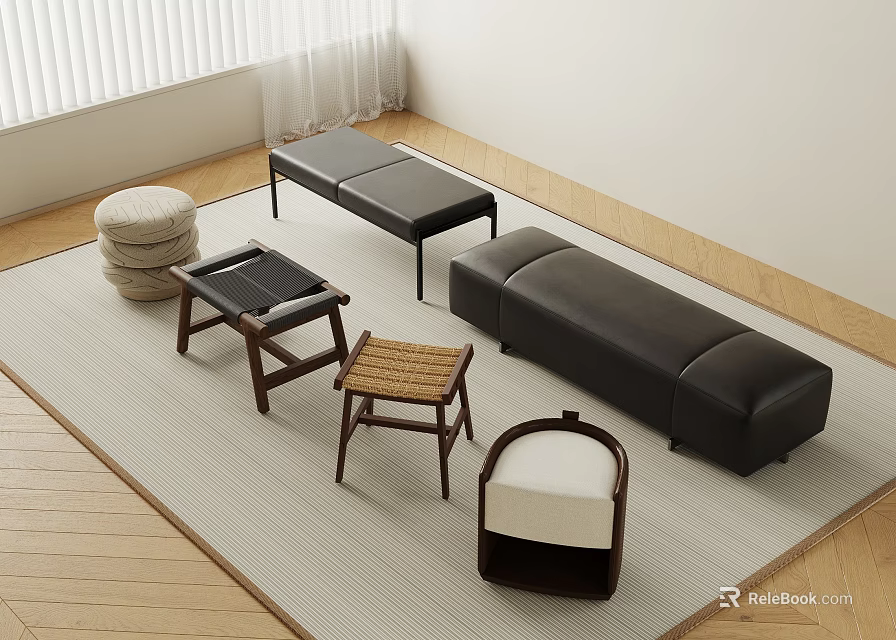 Wooden Leather And Upholstered Stools In Modern Living Space With Area Rug And Wooden Floor 3d model 