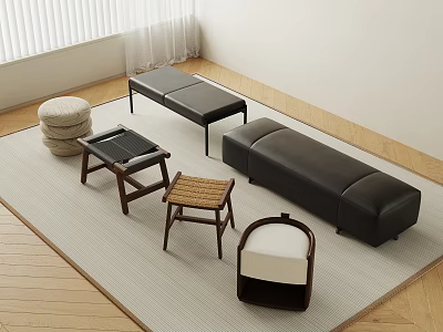 Wooden Leather And Upholstered Stools In Modern Living Space With Area Rug And Wooden Floor 3d model