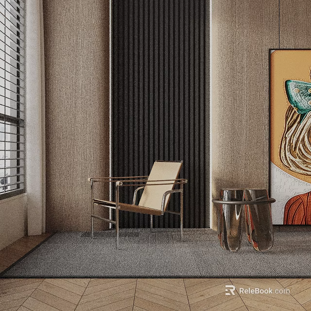 Stylish Modern Lounge Chair With Metal Frame In Contemporary Living Room Near Abstract Artwork And Decorative Vases 3d model 
