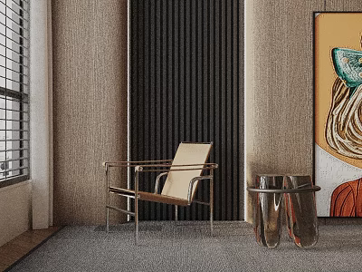 Stylish Modern Lounge Chair With Metal Frame In Contemporary Living Room Near Abstract Artwork And Decorative Vases 3d model