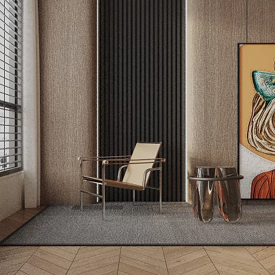 Stylish Modern Lounge Chair With Metal Frame In Contemporary Living Room Near Abstract Artwork And Decorative Vases 3d model