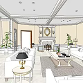 Elegant Living and Dining Room with White Sofas Coffee Table Decorative Mirrors and Ceiling Lights