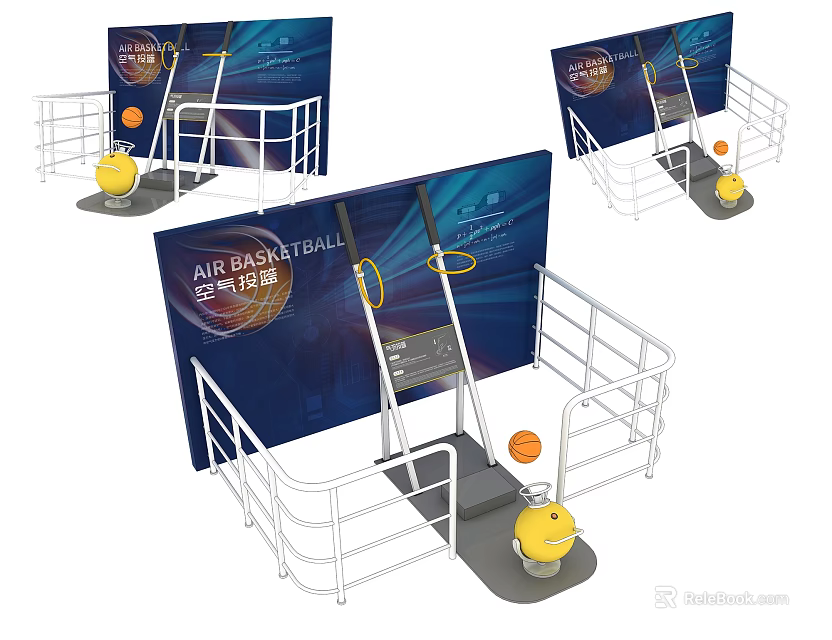 Interactive Air Basketball Art Installation Featuring Blue Screen White Railing And Yellow Ball 3d model 