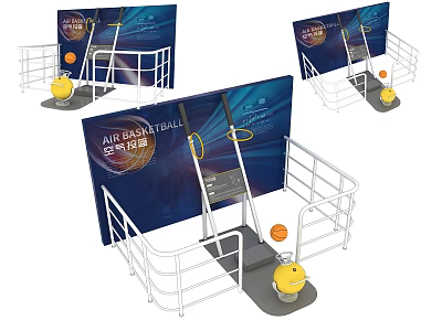 Interactive Air Basketball Art Installation Featuring Blue Screen White Railing And Yellow Ball 3d model