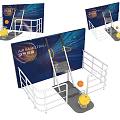 Interactive Air Basketball Art Installation Featuring Blue Screen White Railing And Yellow Ball