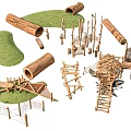 Natural Playground Equipment with Logs Green Grass Climbing Frames and Net Structures 3d model