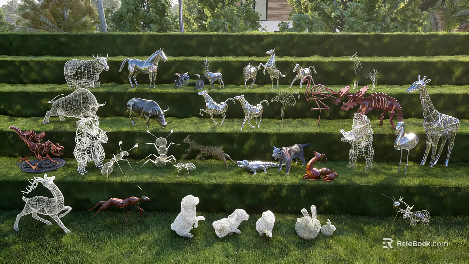 Wire And Metal Animal Landscape Sculptures On Tiered Lawn 3d model 