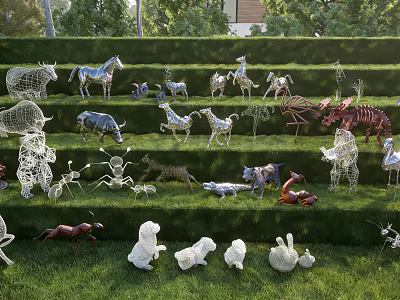 Wire And Metal Animal Landscape Sculptures On Tiered Lawn 3d model