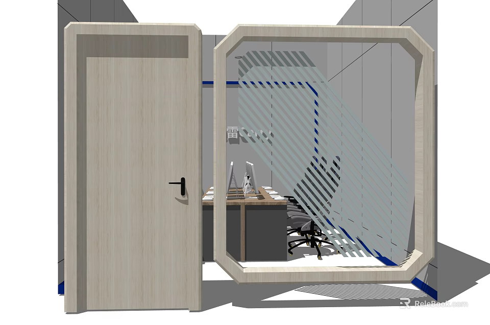 Modern Office Desk With Glass Partition Wooden Surface And Computer In Workspace 3d model 