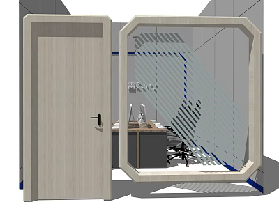 Modern Office Desk With Glass Partition Wooden Surface And Computer In Workspace 3d model