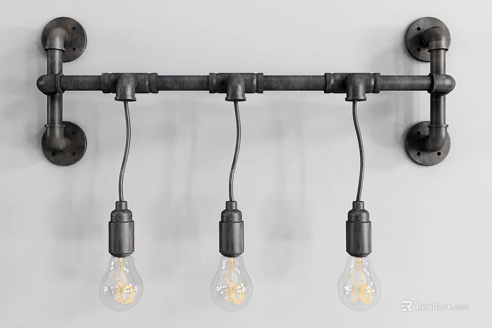 Industrial Style Metal Pipe Wall Light with Three Edison Filament Bulbs 3d model 