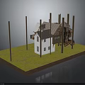 Small House Model with White Walls Gray Roof Supporting Poles on Green Grass Base
