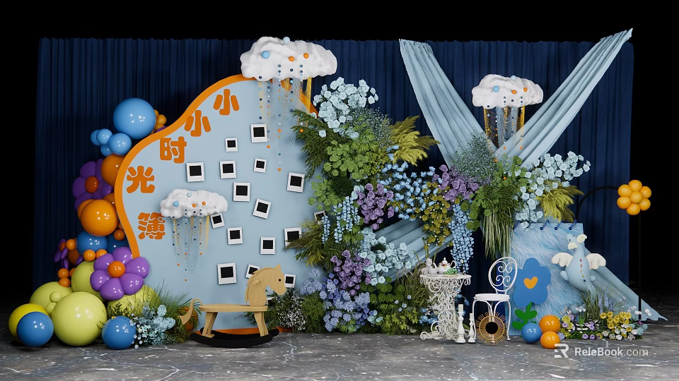 Decorative Photo Check In Spot With Clouds Photo Frames Colorful Balloons Greenery And Wooden Horse 3d model 