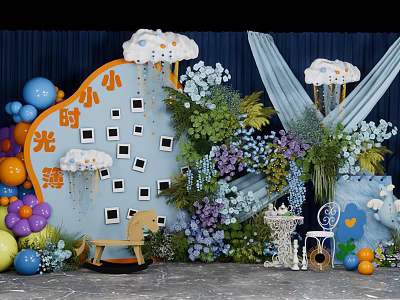 Decorative Photo Check In Spot With Clouds Photo Frames Colorful Balloons Greenery And Wooden Horse 3d model