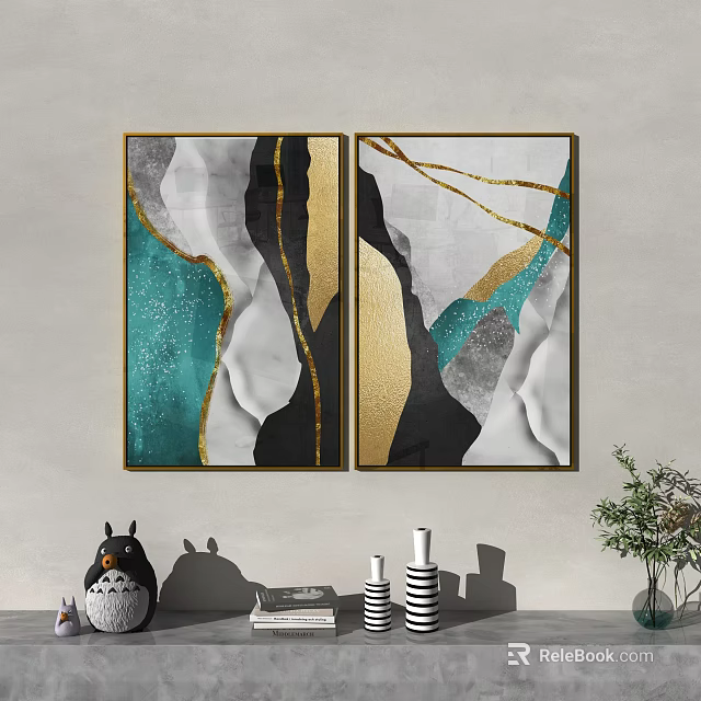 Abstract Wall Art With Gold Black Teal White Geometric Patterns And Decorative Elements 3d model