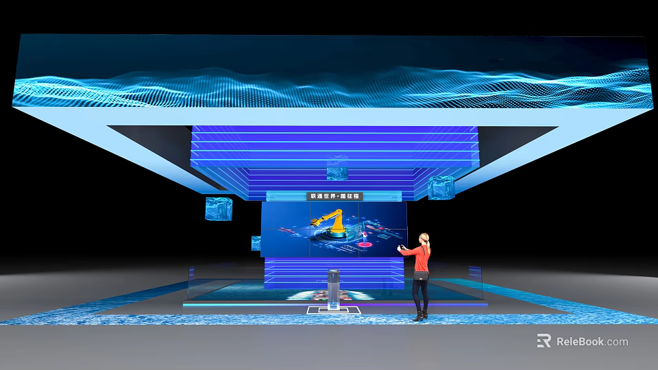 Modern Computer Tech Display With Blue Digital Screen And Presenter In Exhibition Area 3d model 
