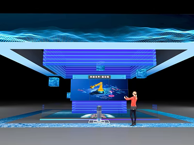Modern Computer Tech Display With Blue Digital Screen And Presenter In Exhibition Area 3d model