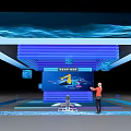 Modern Computer Tech Display With Blue Digital Screen And Presenter In Exhibition Area