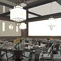 Traditional Chinese Restaurant Interior With Hanging Lanterns Calligraphy Wall And Dining Tables