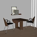 Modern Wooden Table And Chairs Combination With Wall Shelf Framed Art Near White Curtains