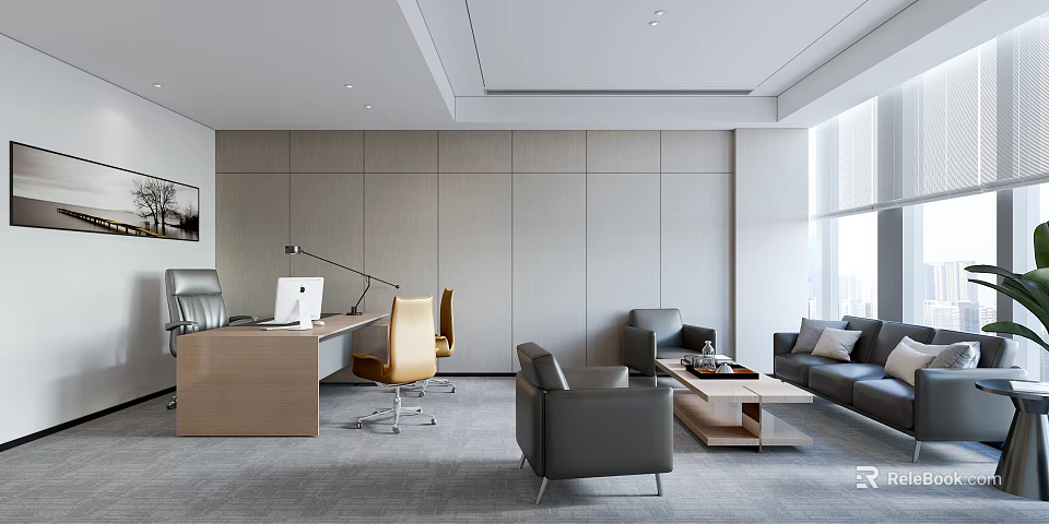 Modern Spacious Office Interior Design With Wooden Desk Leather Sofa And Large Windows 3d model 