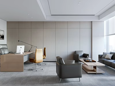 Modern Spacious Office Interior Design With Wooden Desk Leather Sofa And Large Windows 3d model