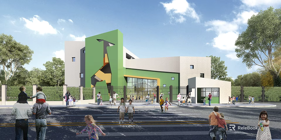 Modern Green and Yellow School Building With Geometric Design Large Windows and Children Playing Outside 3d model 
