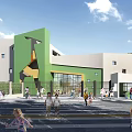 Modern Green and Yellow School Building With Geometric Design Large Windows and Children Playing Outside