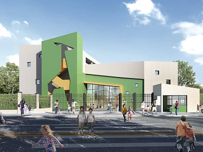 Modern Green and Yellow School Building With Geometric Design Large Windows and Children Playing Outside 3d model