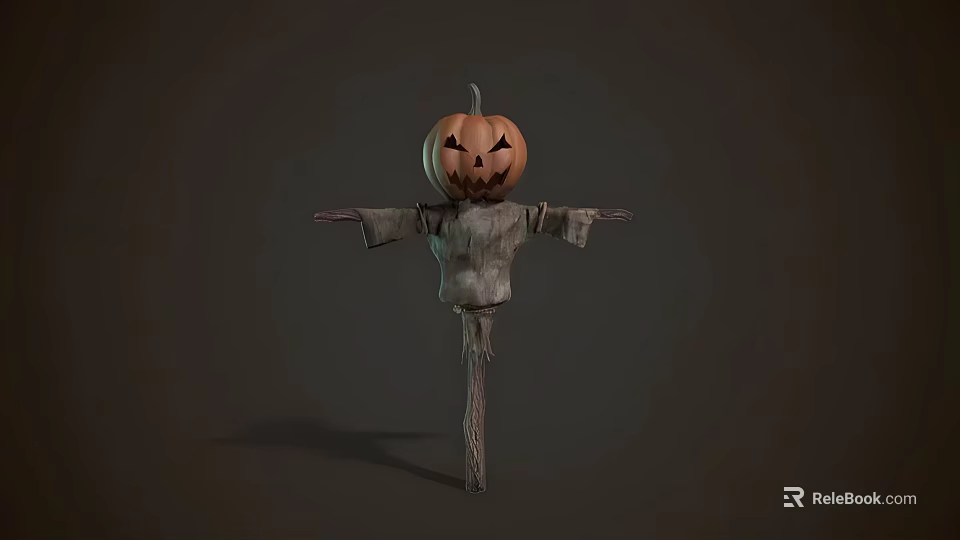 Spooky Halloween Pumpkin Head Scarecrow With Tattered Clothes On Wooden Pole 3d model 