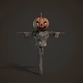 Spooky Halloween Pumpkin Head Scarecrow With Tattered Clothes On Wooden Pole