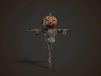 Spooky Halloween Pumpkin Head Scarecrow With Tattered Clothes On Wooden Pole 3d model