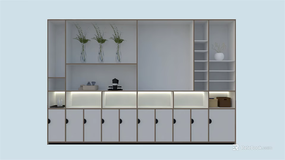 Modern Decorative Cabinet Interior With Vases Shelves Lighting And Cabinet Doors 3d model 