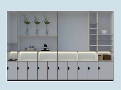 Modern Decorative Cabinet Interior With Vases Shelves Lighting And Cabinet Doors 3d model