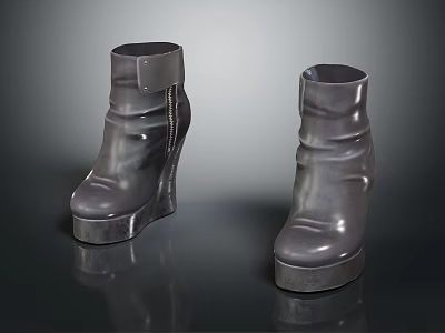 Stylish Leather High Heel Boots With Thick Sole Metal Chain Detail And Wedge Design 3d model