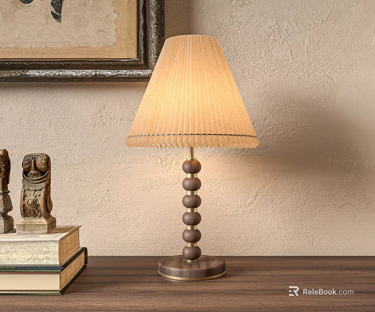 Cream Colored Pleated Lampshade Table Lamp With Beaded Wooden Base On Wooden Table 3d model 