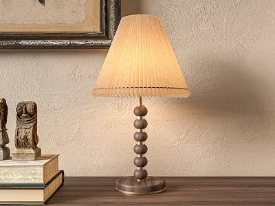 Cream Colored Pleated Lampshade Table Lamp With Beaded Wooden Base On Wooden Table 3d model