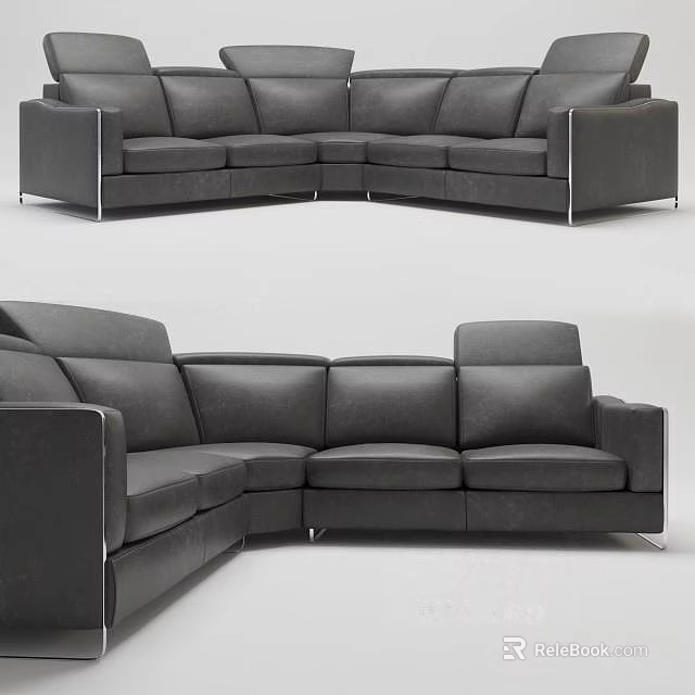 Modern Gray Leather Sectional Sofa With Corner Design And Metal Legs 3d model