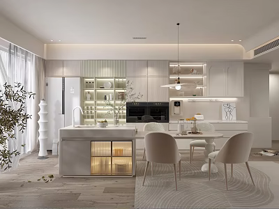 Modern Restaurant Open Layout With White Cabinets Marble Countertop And Elegant Lighting 3d model