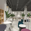 Modern Cafe Interior Design With Green Plants Wooden Shelves And Comfortable Seating