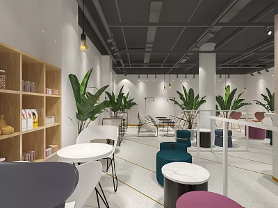 Modern Cafe Interior Design With Green Plants Wooden Shelves And Comfortable Seating 3d model