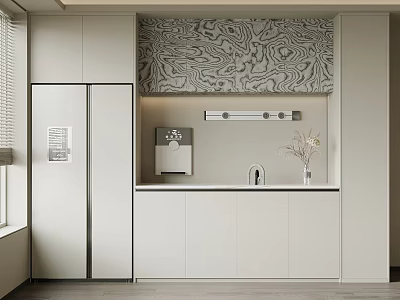 Modern Wine Cabinet Interior With Marble Backsplash And White Storage Cabinets 3d model