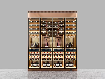 Luxury Modern Wine Cabinet With Multiple Glass Shelves And Red Wine Bottles 3d model