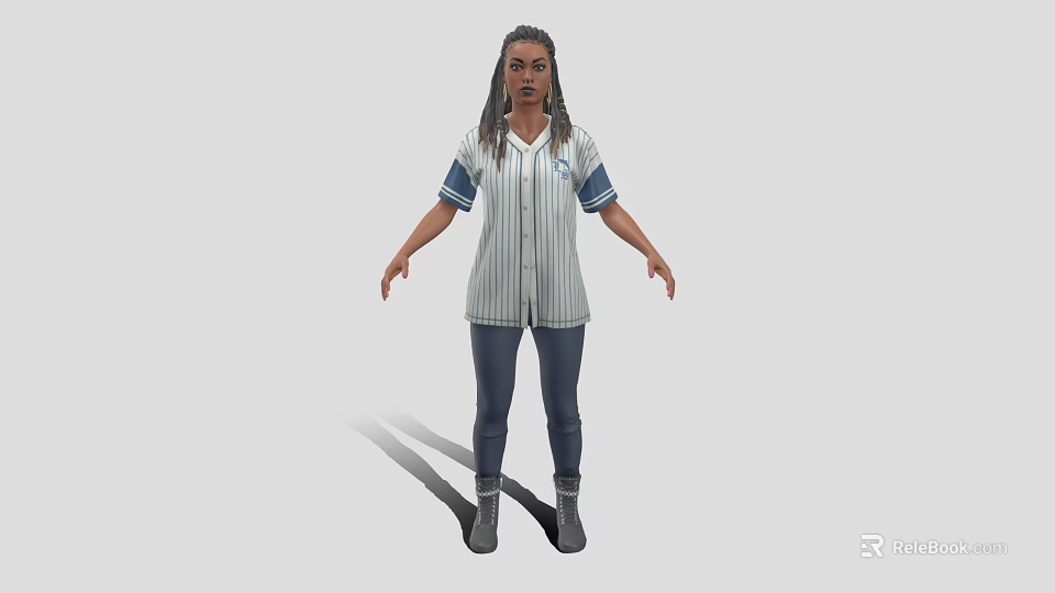 A Woman Standing in Striped Shirt Blue Jeans and Boots on Neutral Background 3d model 