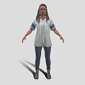 A Woman Standing in Striped Shirt Blue Jeans and Boots on Neutral Background