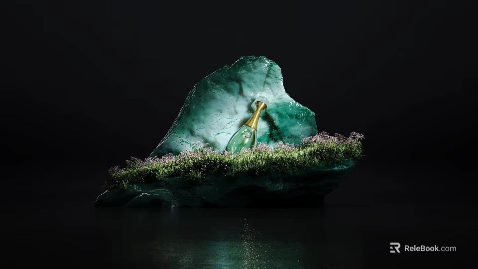 Elegant Window Display With Green Rock Structure Golden Bottle Green Grass And Purple Flowers 3d model 