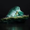 Elegant Window Display With Green Rock Structure Golden Bottle Green Grass And Purple Flowers