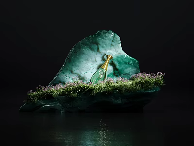 Elegant Window Display With Green Rock Structure Golden Bottle Green Grass And Purple Flowers 3d model