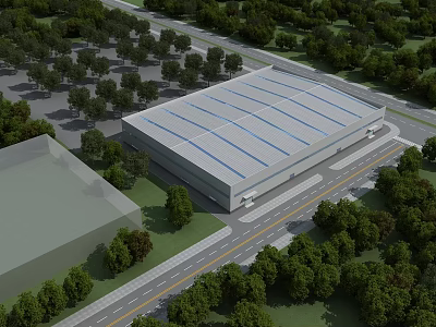 Aerial View of Large Industrial Factory Building With Metal Roof And Surrounding Greenery Trees 3d model